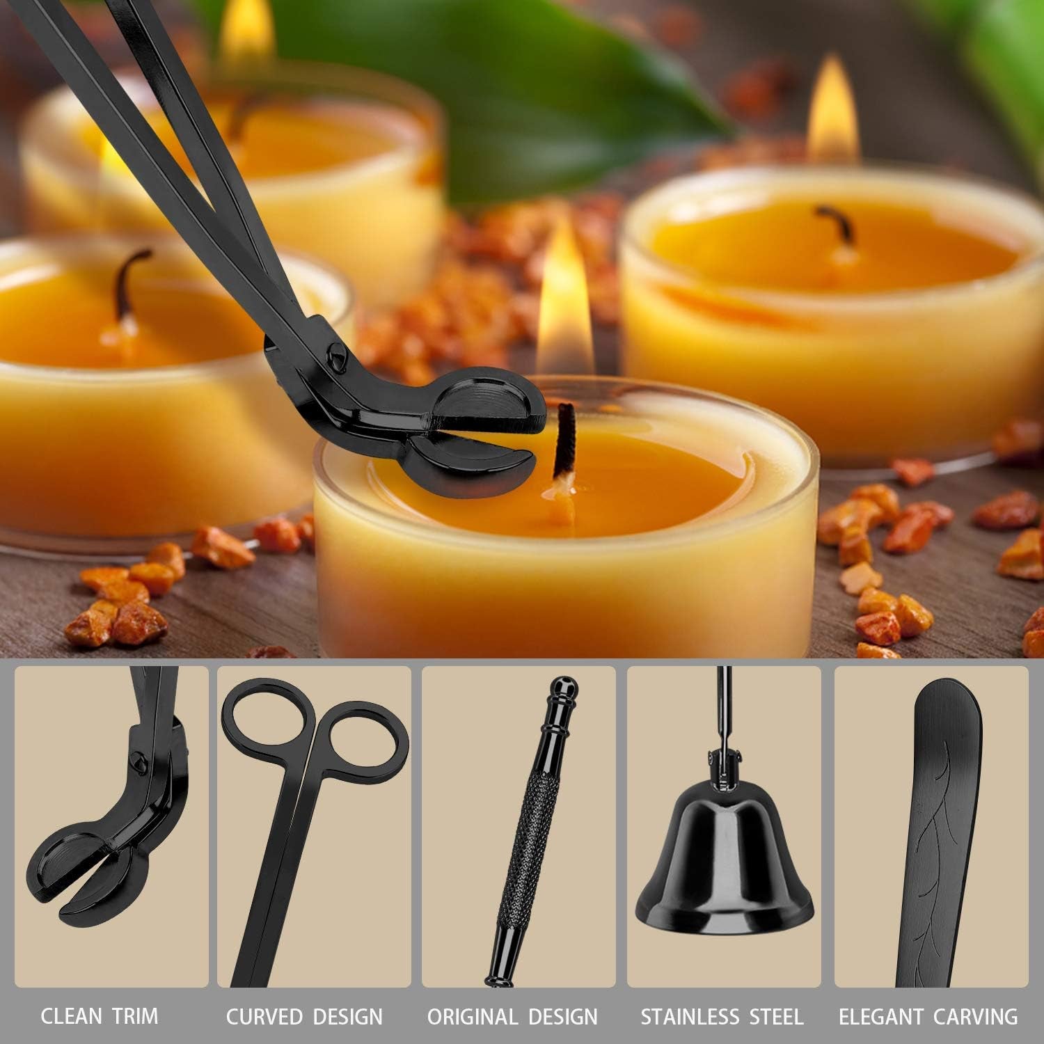 Candle Care Accessory Set - Wick Trimmer, Snuffer, and Dipper with Gift Packaging for Candle Enthusiasts (Black)