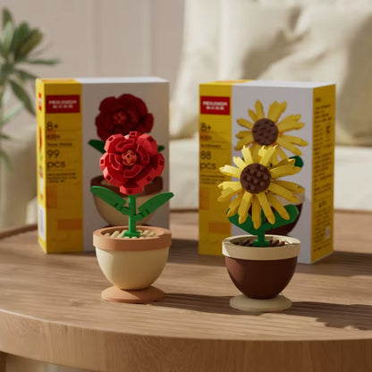 Building Blocks, Flower Pots, Roses, Sunflowers, Carnations, Micro-Grained Children'S Educational Assembly Toy Ornaments
