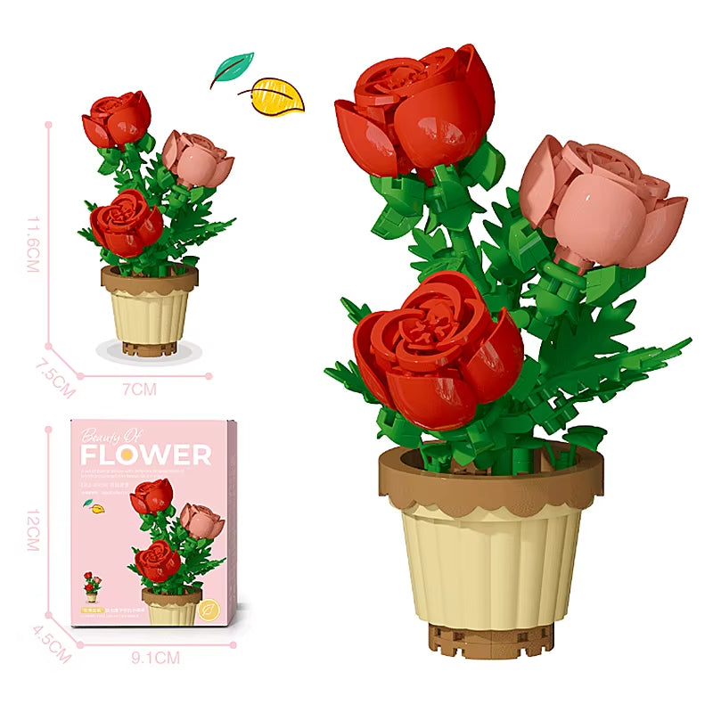 Building Blocks, Flower Pots, Roses, Sunflowers, Carnations, Micro-Grained Children'S Educational Assembly Toy Ornaments