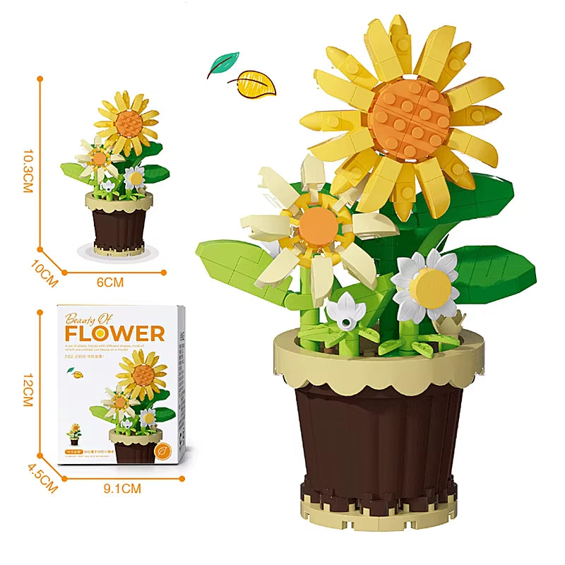 Building Blocks, Flower Pots, Roses, Sunflowers, Carnations, Micro-Grained Children'S Educational Assembly Toy Ornaments